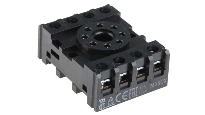 Zoccolo per relè Omron PF083A-E, 8 pin, montaggio su guida DIN, corrente 10 A, tensione 250 V, dimensioni 52 x 41 x 21 mm.