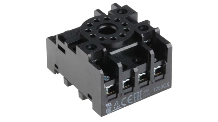 Zoccolo per relè Omron PF113A-E, montaggio su guida DIN, 11 contatti, 250V, 10A, dimensioni 52 x 42,8 x 31 mm.