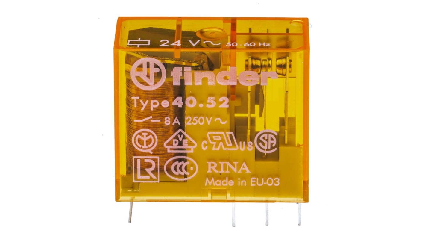 Finder 40.52.8.024.0000, relè DPDT per montaggio su PCB, tensione 24V, corrente 8A, dimensioni 29x25x12.4mm.