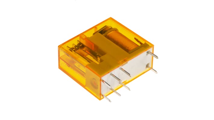 Finder 40.52.8.230.0000, relè DPDT 230V, montaggio su PCB, corrente 8A, dimensioni 29mm x 12.4mm x 25mm.