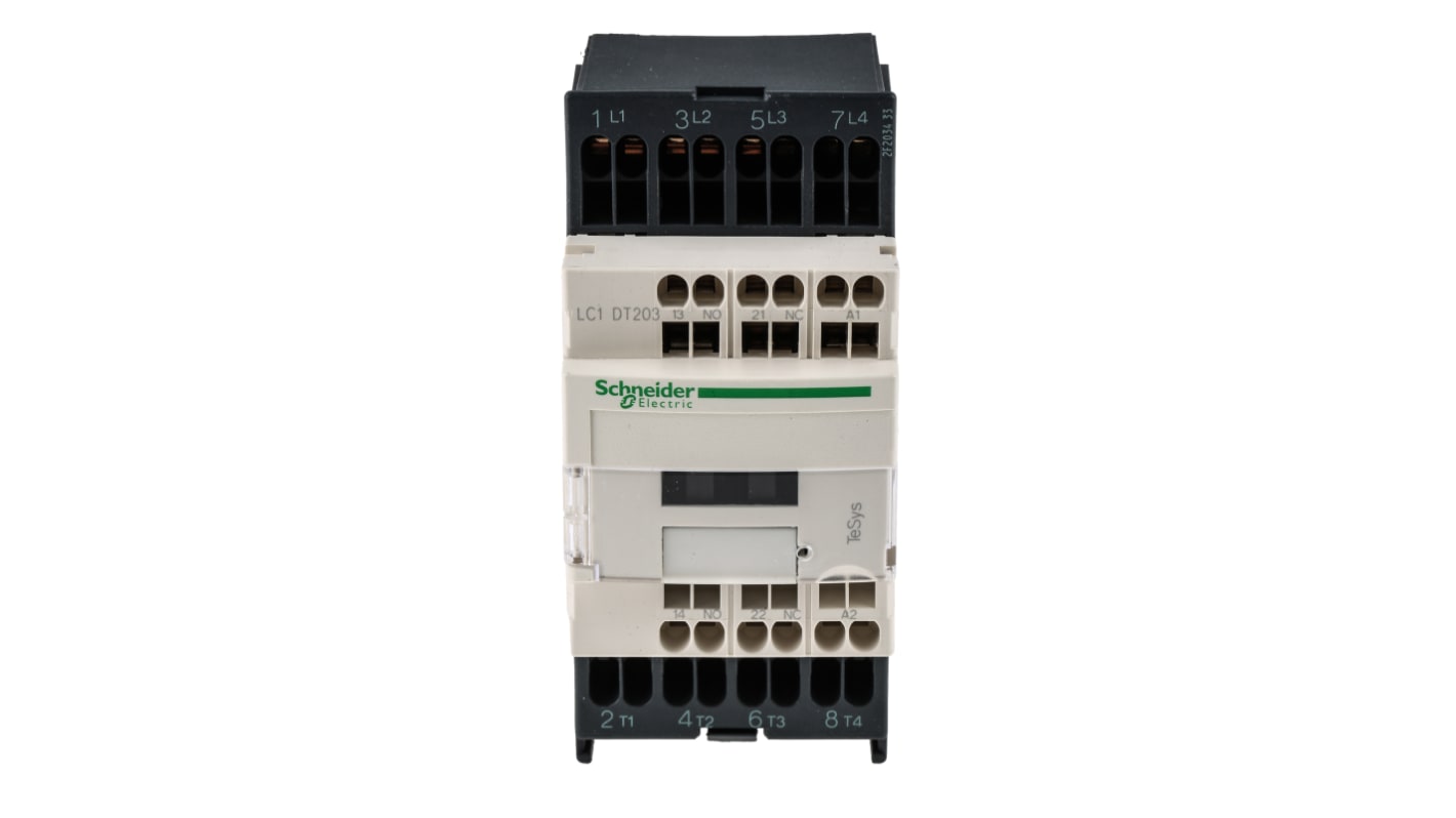 Contattore Schneider Electric LC1DT203B7, 4 poli, 20 A, bobina 24 V c.a., montaggio su guida DIN, dimensioni 45x99x92 mm.