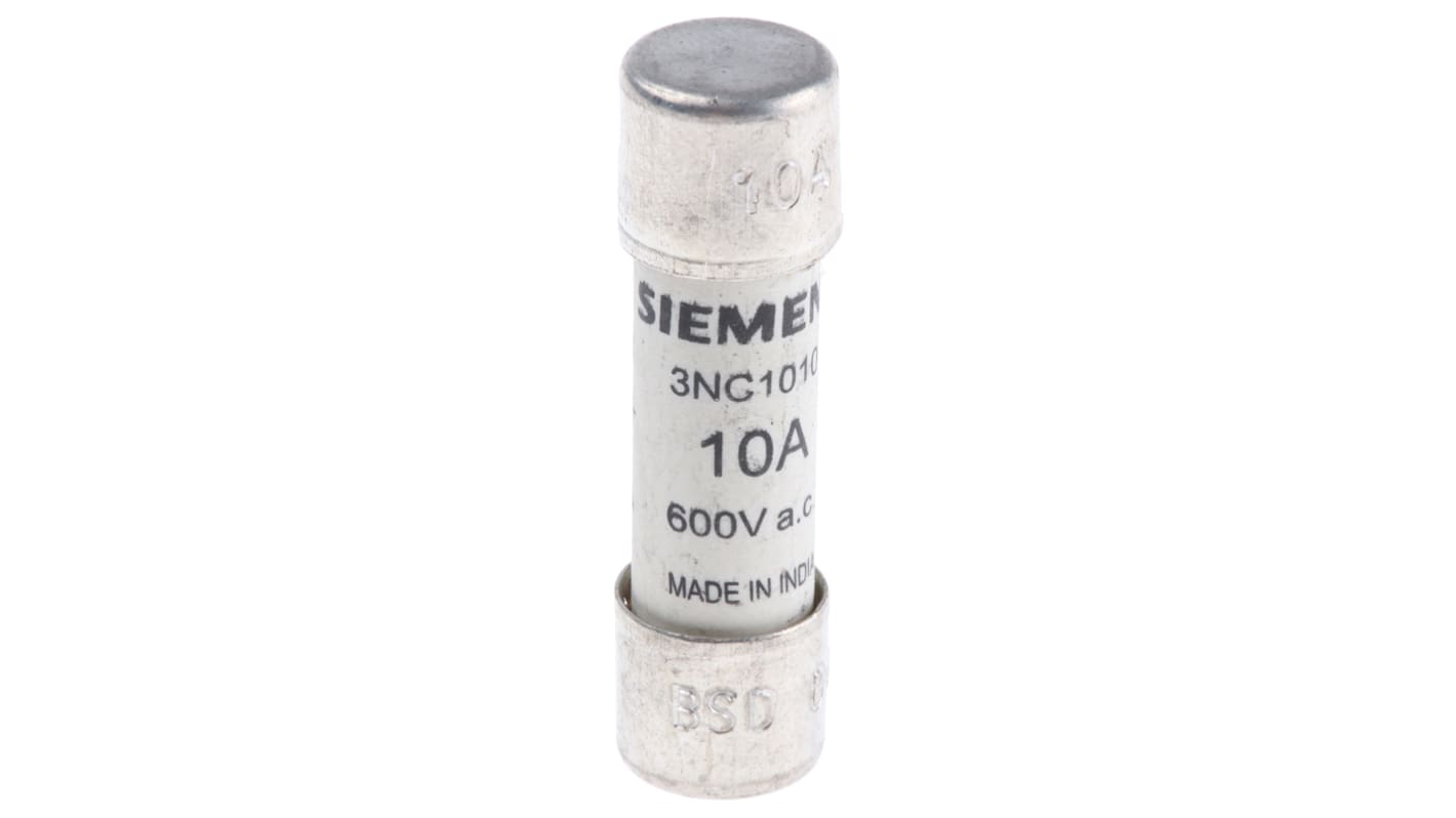 Fusibile a cartuccia Siemens 3NC1010, 10A, Ø 10 x 38mm, per protezione semiconduttori, classe aR, 600V ca.