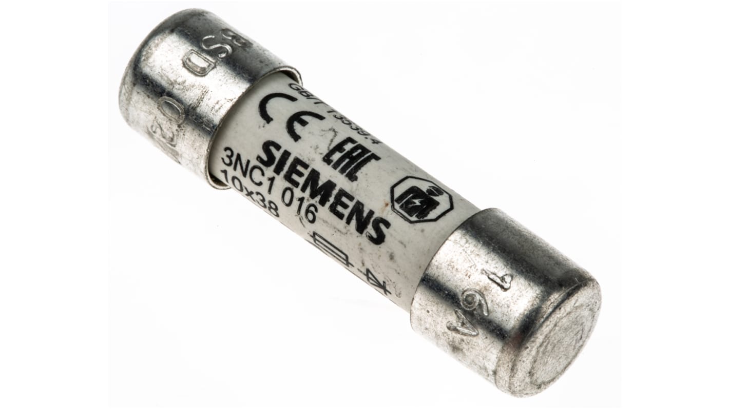 Fusibile a cartuccia Siemens SITOR, 16 A, 600 V, 10 x 38 mm, progettato per protezione cortocircuiti in semiconduttori.