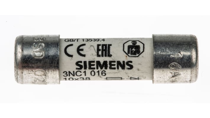 Fusibile a cartuccia Siemens SITOR, 16 A, 600 V, 10 x 38 mm, progettato per protezione cortocircuiti in semiconduttori.