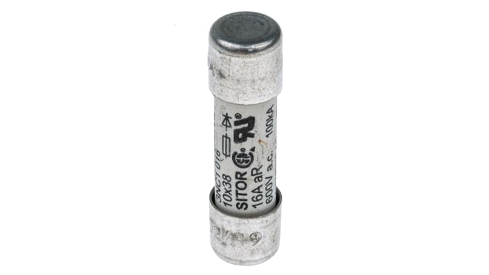 Fusibile a cartuccia Siemens SITOR, 16 A, 600 V, 10 x 38 mm, progettato per protezione cortocircuiti in semiconduttori.