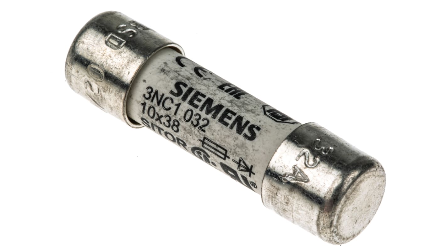 Fusibile a cartuccia Siemens 32A, Ø 10 x 38mm, 600V ca, per protezione circuiti elettrici industriali. Non riutilizzabile.