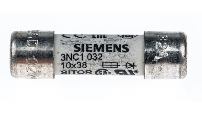 Fusibile a cartuccia Siemens 32A, Ø 10 x 38mm, 600V ca, per protezione circuiti elettrici industriali. Non riutilizzabile.