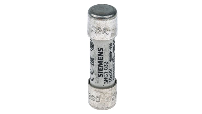Fusibile a cartuccia Siemens 32A, Ø 10 x 38mm, 600V ca, per protezione circuiti elettrici industriali. Non riutilizzabile.