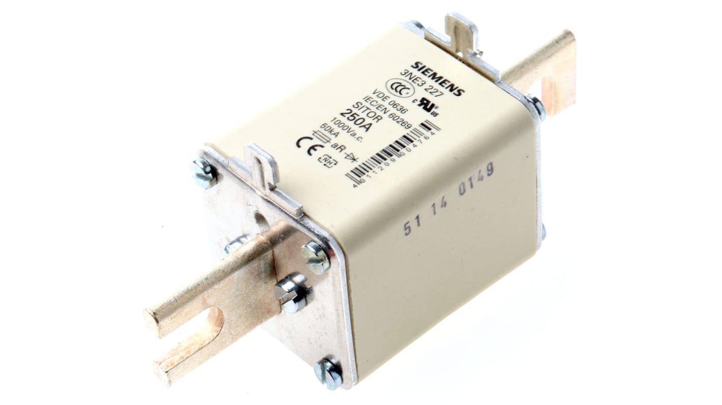 Fusibile NH1 aR Siemens 3NE3227, 250A, 1kV, contatti a lama per montaggio a vite M10, dimensioni 135x12.5x63.5mm.