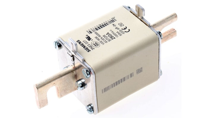 Fusibile NH1 aR Siemens 3NE3227, 250A, 1kV, contatti a lama per montaggio a vite M10, dimensioni 135x12.5x63.5mm.