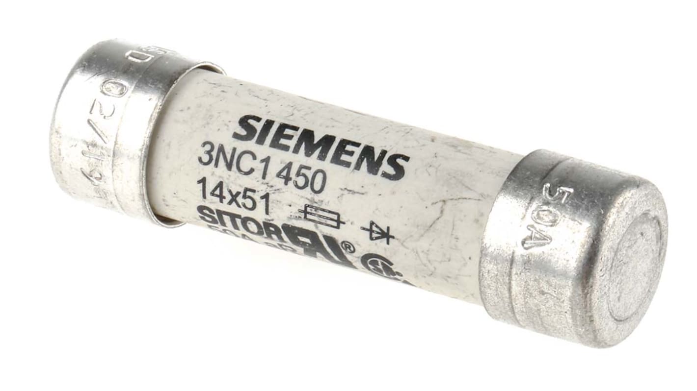 Fusibile a cartuccia Siemens 3NC1450, 50A, Ø 14 x 51mm, per protezione di semiconduttori, conforme a IEC 60269-4.