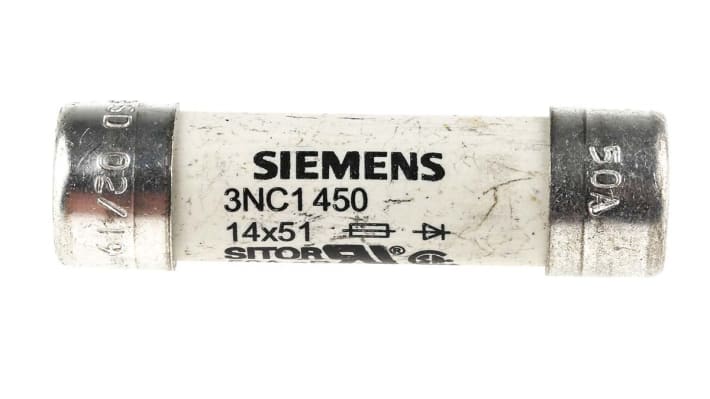 Fusibile a cartuccia Siemens 3NC1450, 50A, Ø 14 x 51mm, per protezione di semiconduttori, conforme a IEC 60269-4.