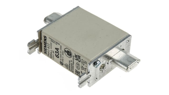 Fusibile NH 63A Siemens, corpo in ceramica, contatti argentati, dimensioni 77.8 x 21 mm, grado di protezione IP20.