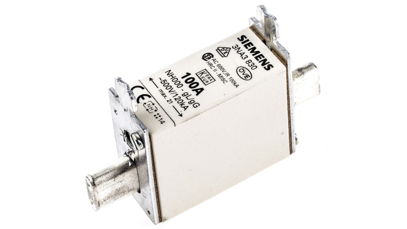 Fusibile NH Siemens 100A, tipo a lama, corpo ceramico, contatti argentati, lunghezza 77.8mm, compatibile misura 00.