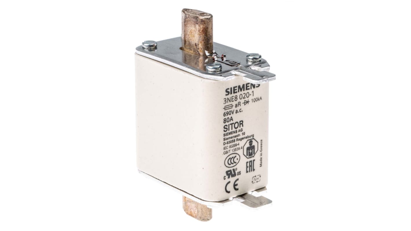 Fusibile NH00 a linguette centrate Siemens 3NE8020-1, 80A, 690V, dimensioni 79mm x 48mm x 30mm, progettato per la protezione di semiconduttori.