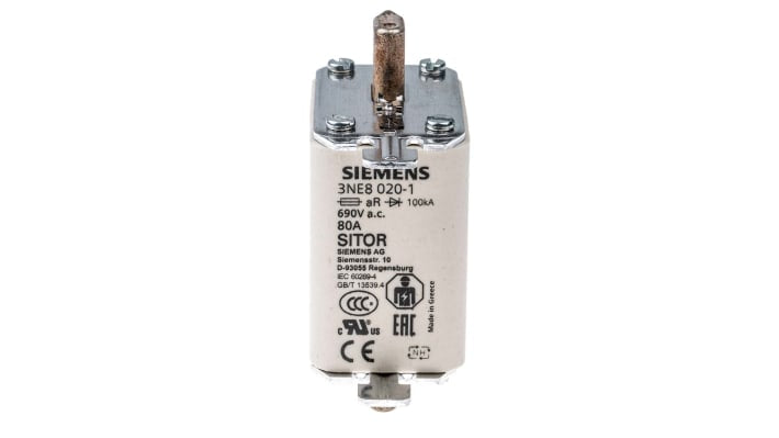 Fusibile NH00 a linguette centrate Siemens 3NE8020-1, 80A, 690V, dimensioni 79mm x 48mm x 30mm, progettato per la protezione di semiconduttori.