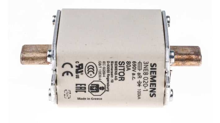 Fusibile NH00 a linguette centrate Siemens 3NE8020-1, 80A, 690V, dimensioni 79mm x 48mm x 30mm, progettato per la protezione di semiconduttori.