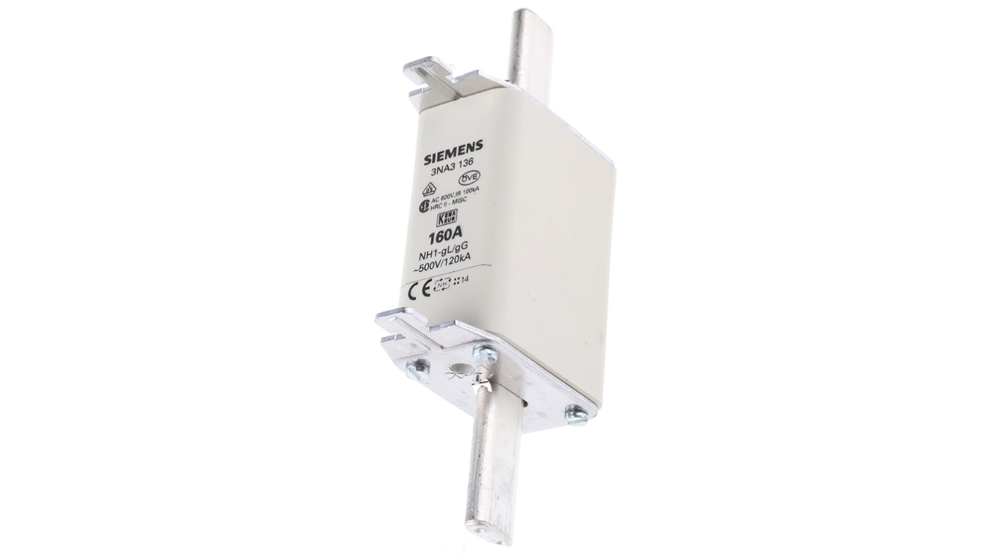 Fusibile NH 160A gG Siemens 3NA3136, corpo ceramico, indicatore fusibile bruciato, dimensioni 137x75x30mm, tensione 500V.