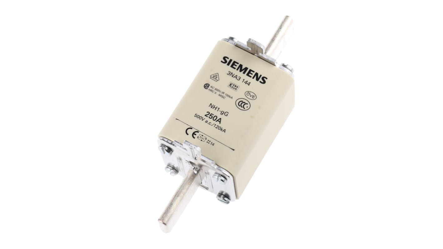 Fusibile NH1 250A Siemens, tipo gG, 500V, con indicatore di fusibile bruciato, corpo ceramico, dimensioni 137x75x47mm.