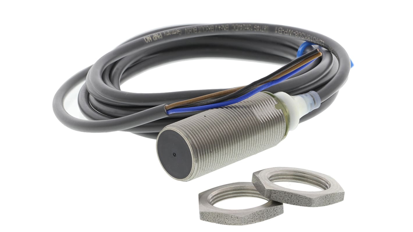 Omron E2AS18KS08WPB12M, sensore di prossimità cilindrico PNP M18, rilevamento 8 mm, corpo in acciaio inox, IP67.