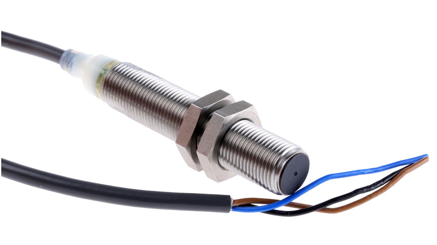 Sensore di prossimità cilindrico NPN M12 Omron E2AS12LS04WPC12M, rilevamento 4 mm, alimentazione 12-24 V c.c., grado di protezione IP67.