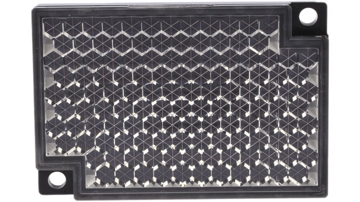 Riflettore Omron E39-R1S per sensori fotoelettrici, superficie in resina acrilica, gamma di rilevamento assiale 0,1-3,7 m, radiale 0,1-2,4 m. Montaggio semplice con fori pre-forati.