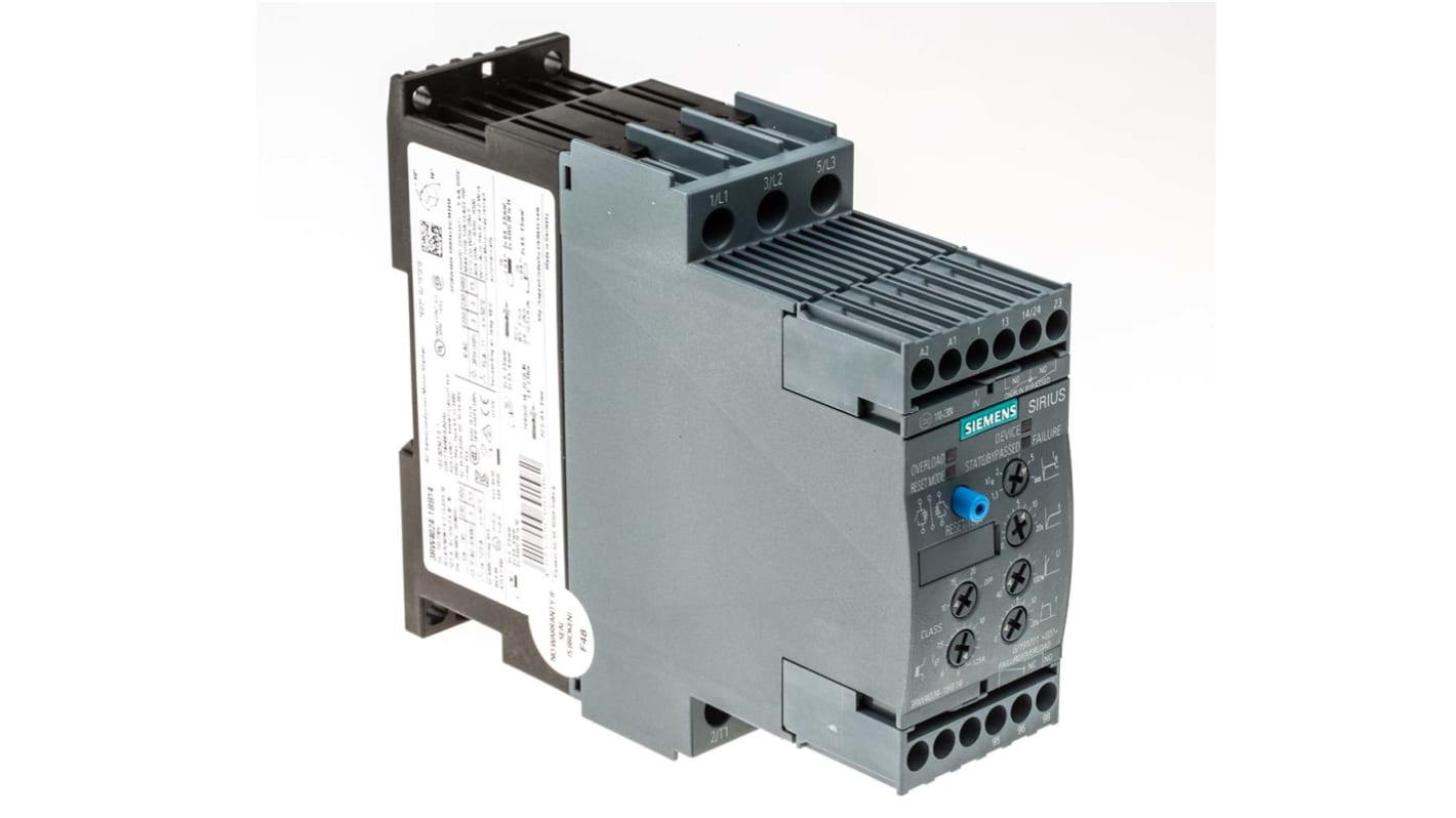 Siemens 3RW4024-1BB14, avviatore soft-start 3 fasi, 5,5 kW, 12,5 A, IP20, dimensioni 154x45x125 mm, per motori trifase.