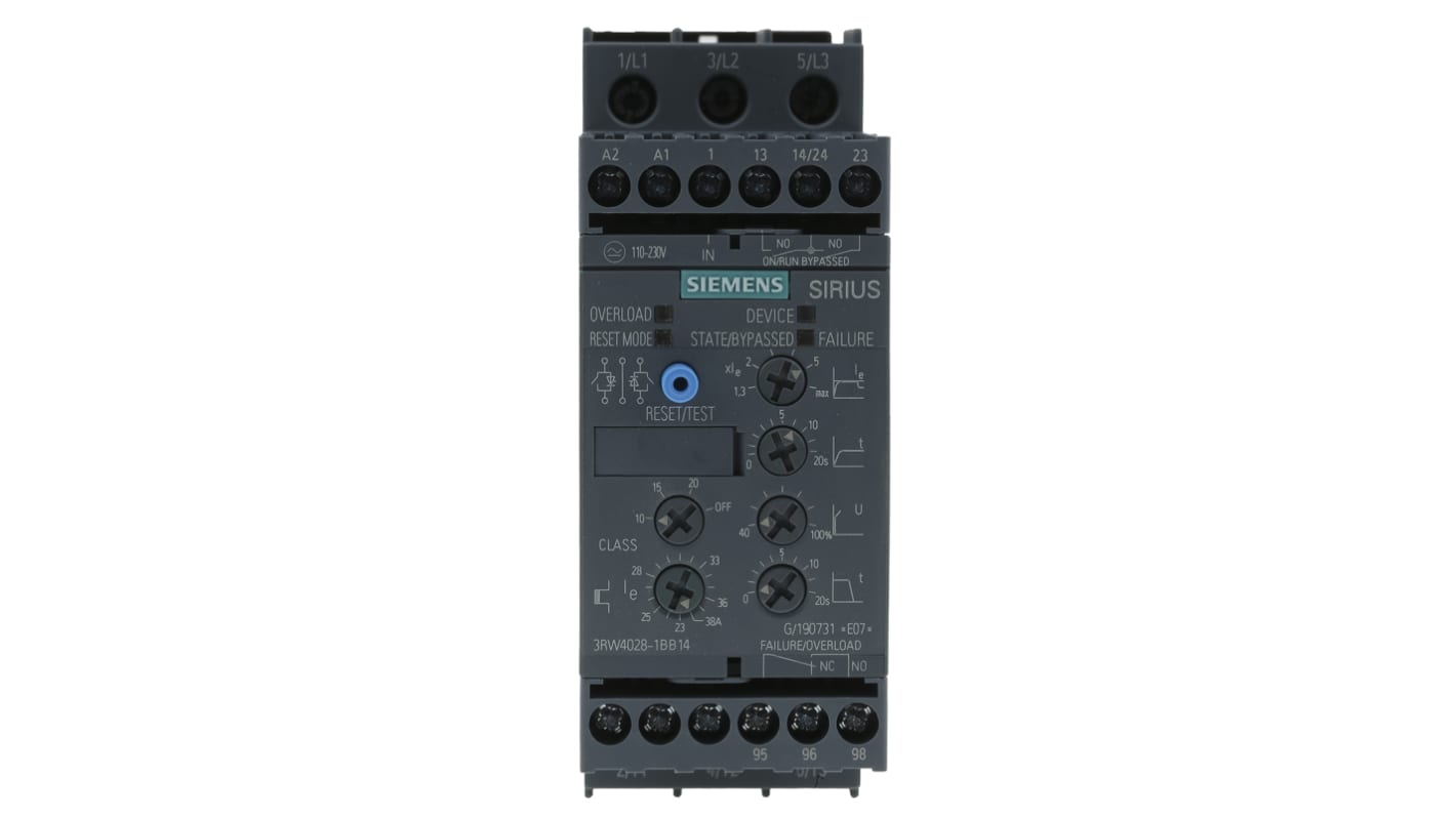 Avviatore soft-start Siemens 3RW4028-1BB14, 3 fasi, 18,5 kW, montaggio a pannello, dimensioni 125 x 45 x 154 mm.