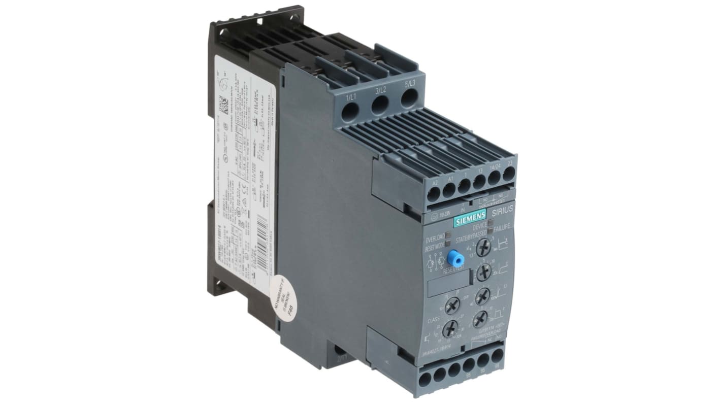 Siemens 3RW4027-1BB14, avviatore soft-start 3 fasi, 15 kW, 32 A, IP20, dimensioni 125 x 154 x 45 mm.