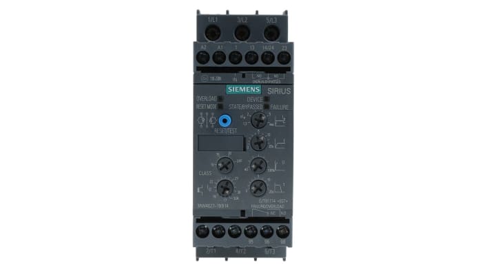 Siemens 3RW4027-1BB14, avviatore soft-start 3 fasi, 15 kW, 32 A, IP20, dimensioni 125 x 154 x 45 mm.