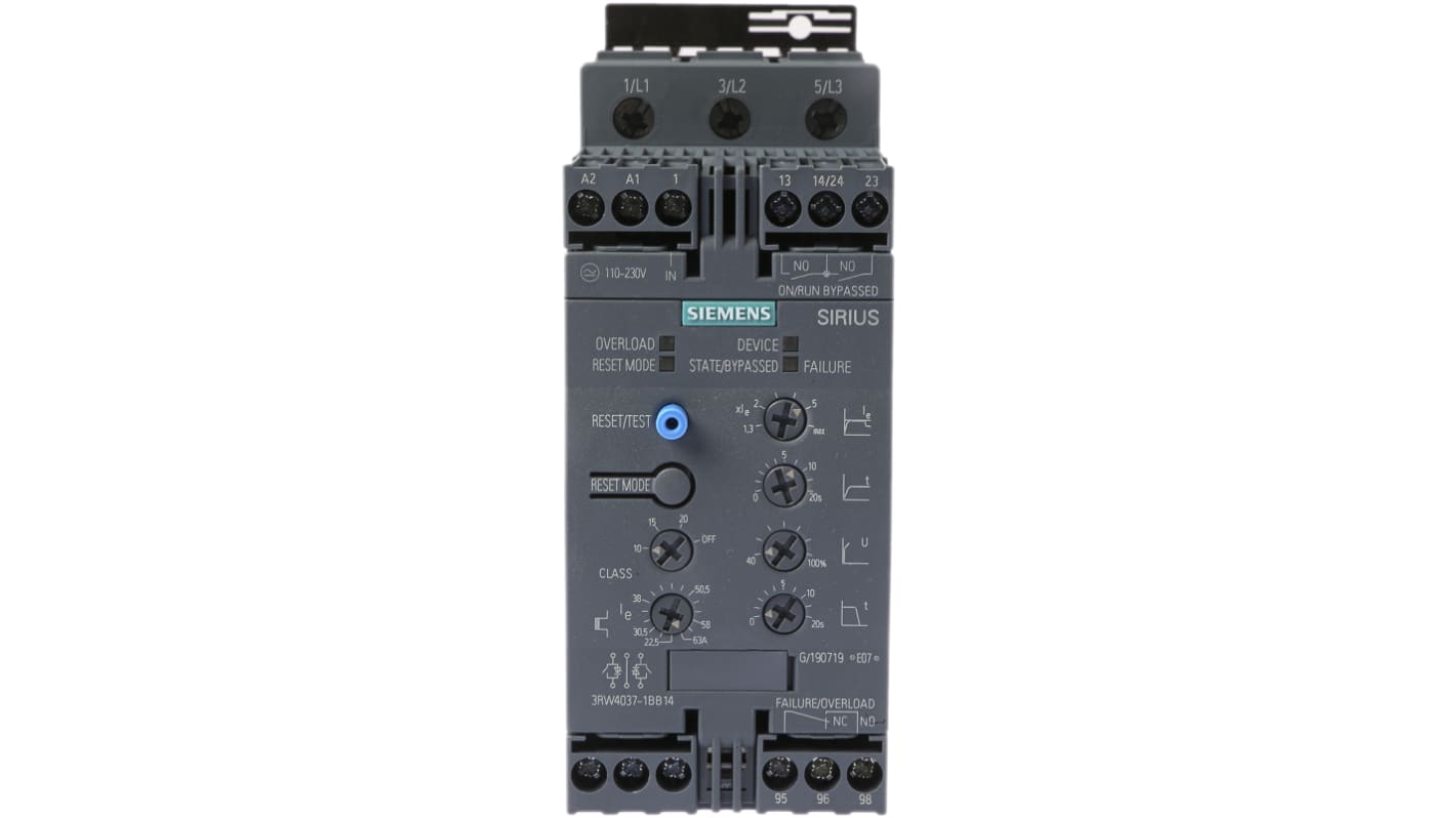 Avviatore soft-start Siemens 3RW4037-1BB14, 30 kW, 63 A, montaggio a pannello, dimensioni 170 x 55 x 170 mm, IP00.