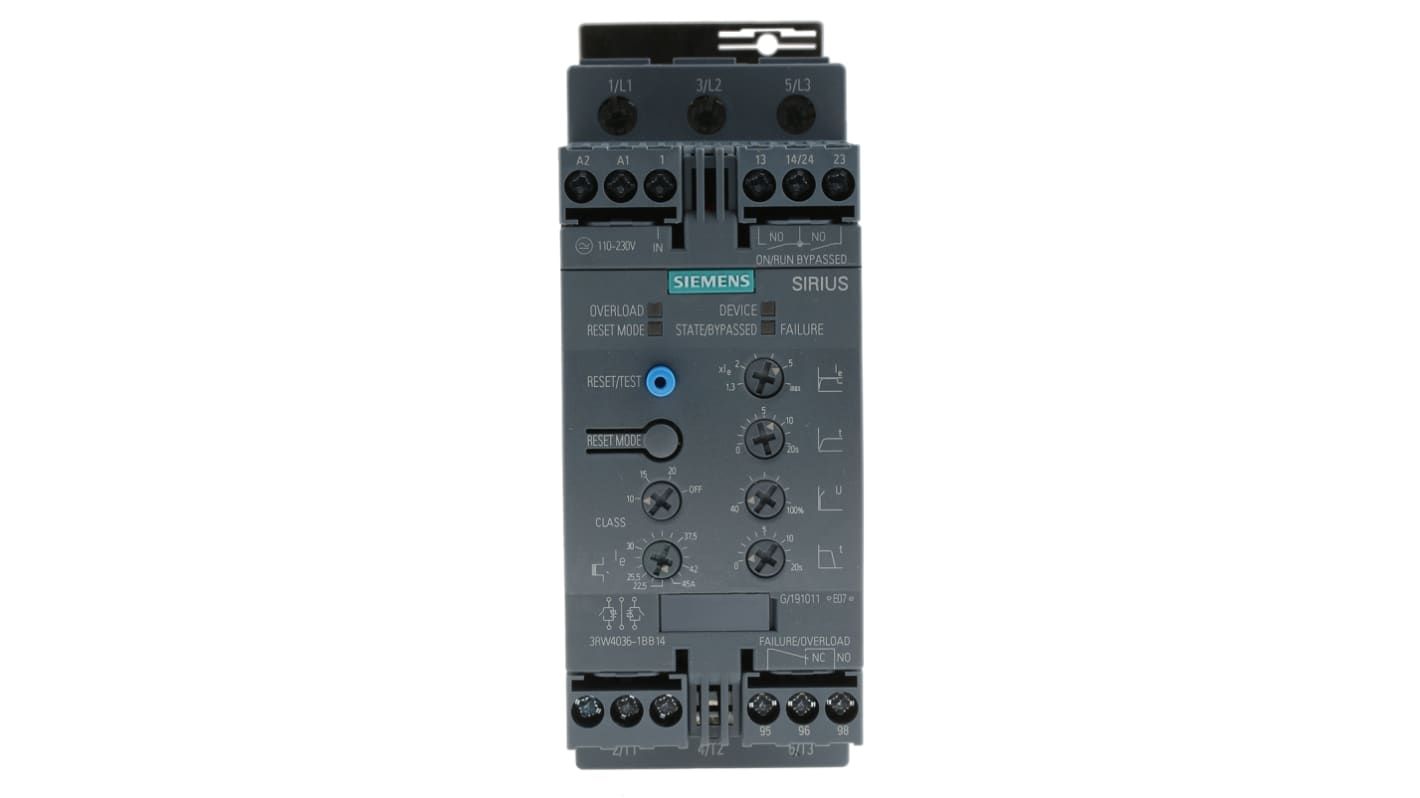 Avviatore soft-start Siemens 3RW4036-1BB14, 22 kW, 45 A, montaggio a pannello, dimensioni 170x55x170 mm, IP20, certificato ATEX.