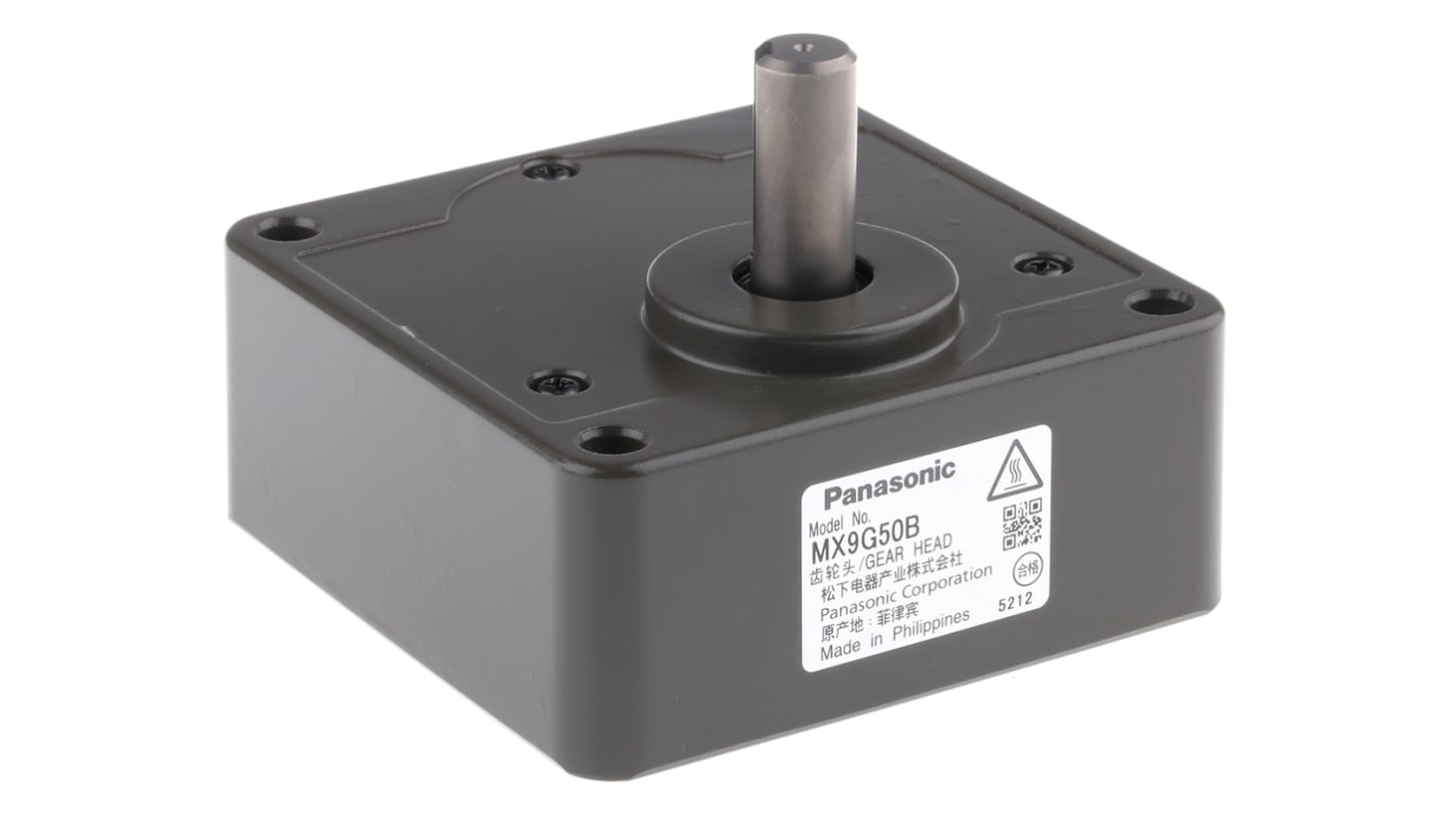 Ingranaggio Panasonic MX9G50B, rapporto 50:1, coppia 9,8 Nm, diametro albero 12 mm, dimensioni 90x90x35 mm. Compatibile con motori 40 W.