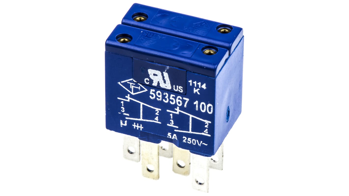 Blocco contatti Saia-Burgess TH593567100, 2 NA/2 NC, perno centrale, 5 A a 250 V c.a., collegamenti Faston 2,8 x 0,5 mm.