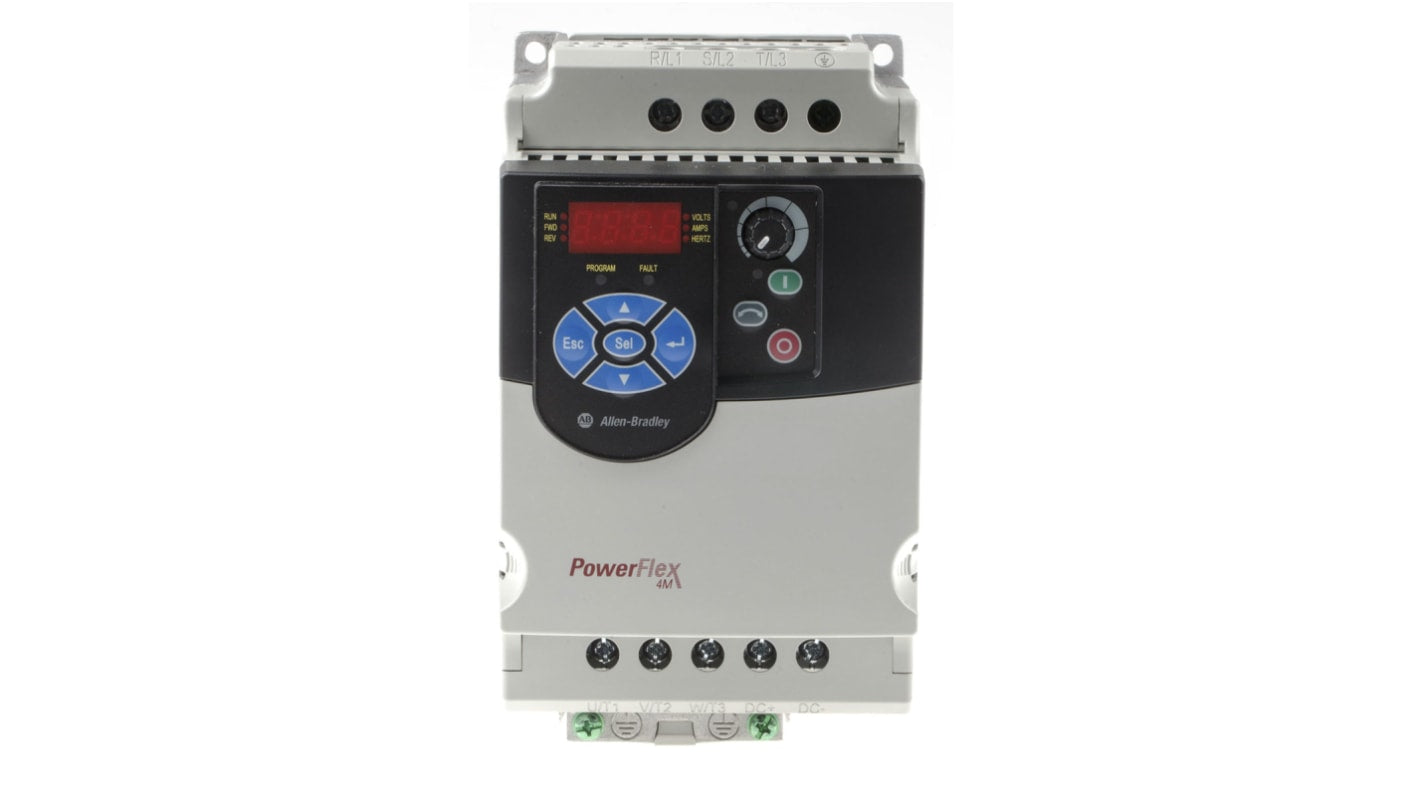 Inverter trifase Allen Bradley 22F-D8P7N113, potenza 3,7 kW, montaggio su guida DIN, dimensioni 100x174x136 mm, comunicazione ModBus.