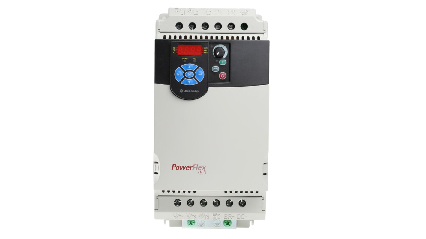 Inverter trifase Allen Bradley 22F-D013N114, potenza 5,5 kW, montaggio a pannello, dimensioni 260x130x180 mm, grado di protezione IP20.