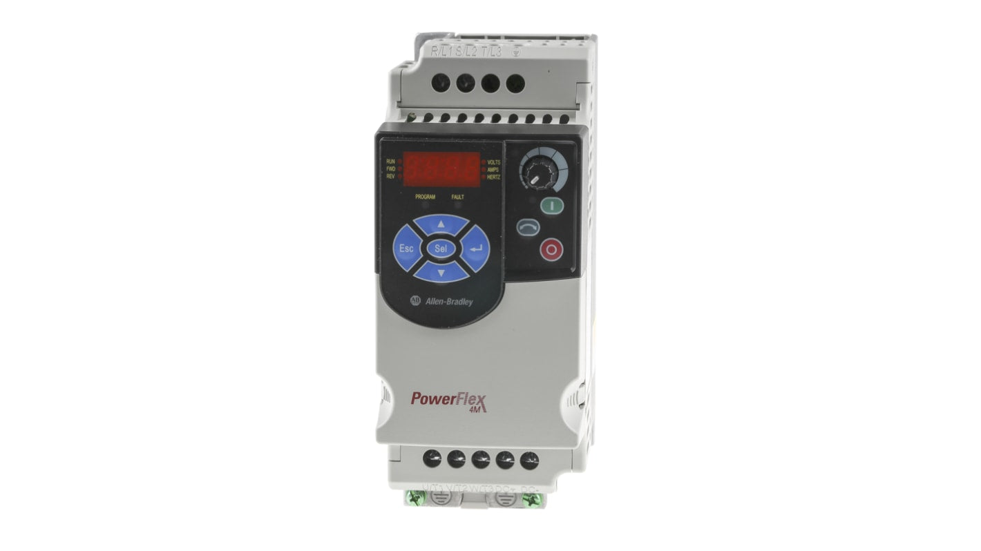 Allen Bradley 22F-A4P2N113, inverter monofase 400Hz, potenza 0,75 W, montaggio a pannello, dimensioni 174x72x136 mm.