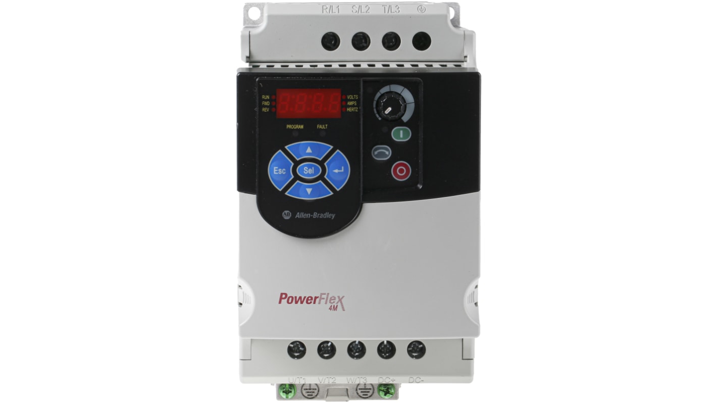 Inverter trifase Allen Bradley 22F-D6P0N113, potenza 2,2 kW, montaggio a pannello, dimensioni 174x100x136 mm, comunicazione ModBus.