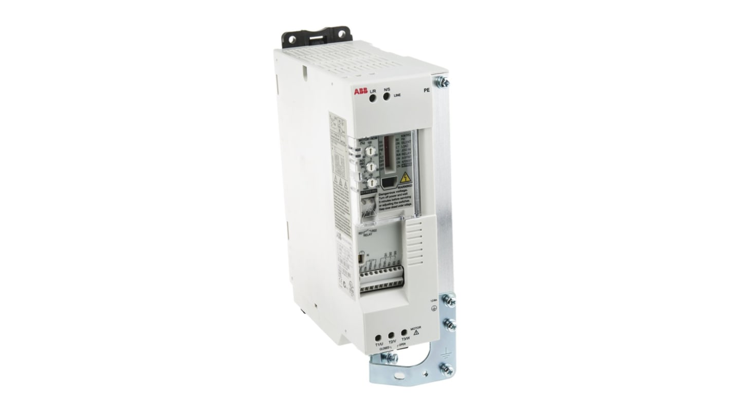 Inverter ABB ACS55-01E-09A8-2, unità a velocità variabile 2,2 kW, montaggio su guida DIN, dimensioni 226x159x70 mm.