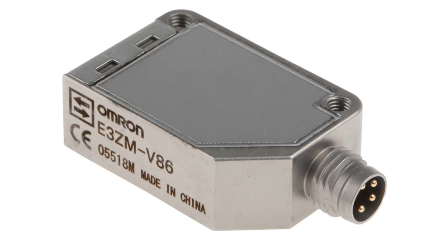 Sensore fotoelettrico Omron E3ZMV86, rettangolare a diffusione, rilevamento 12 mm, alimentazione 10-30 V c.c., grado di protezione IP67.