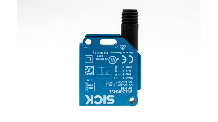 Sensore fotoelettrico rettangolare Sick WL12-3P2431 a retroriflessione, rilevamento fino a 7 m, montaggio a pannello, IP69K.