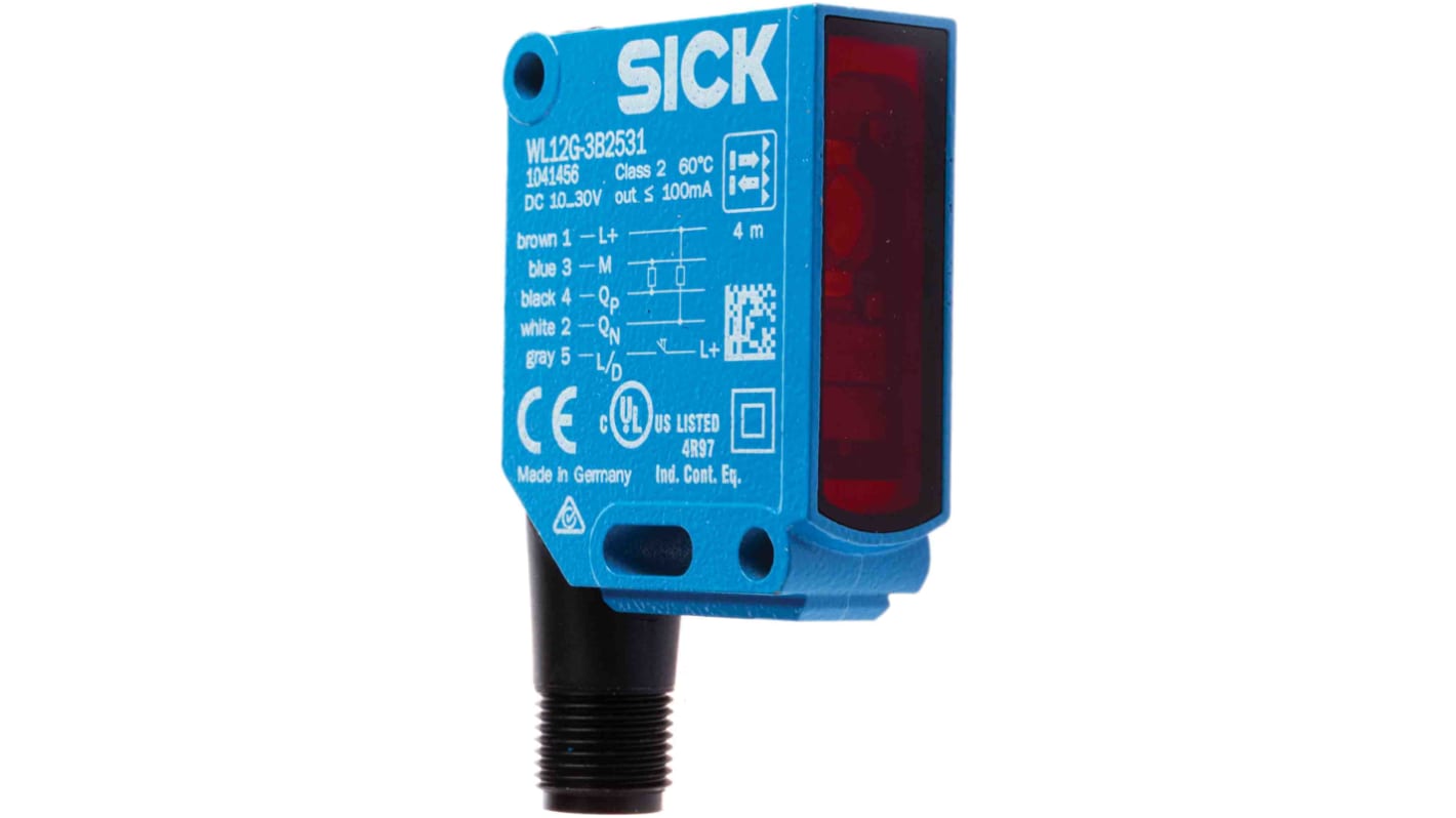 Sensore fotoelettrico rettangolare Sick WL12G-3B2531, rilevamento fino a 4 m, con connettore M12 a 5 pin, grado di protezione IP67.