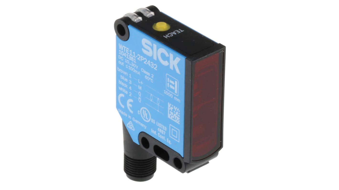 Sensore fotoelettrico rettangolare Sick WTE11-2P2432, rilevamento a 40 mm, uscita PNP, montaggio a pannello, IP66/IP67.