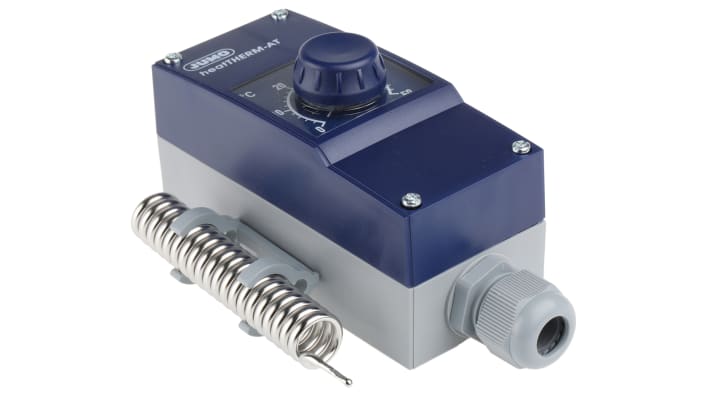 Termostato capillare Jumo, SPST, 0-50°C, contatto 16A, 230V, montaggio superficiale, grado di protezione IP54.