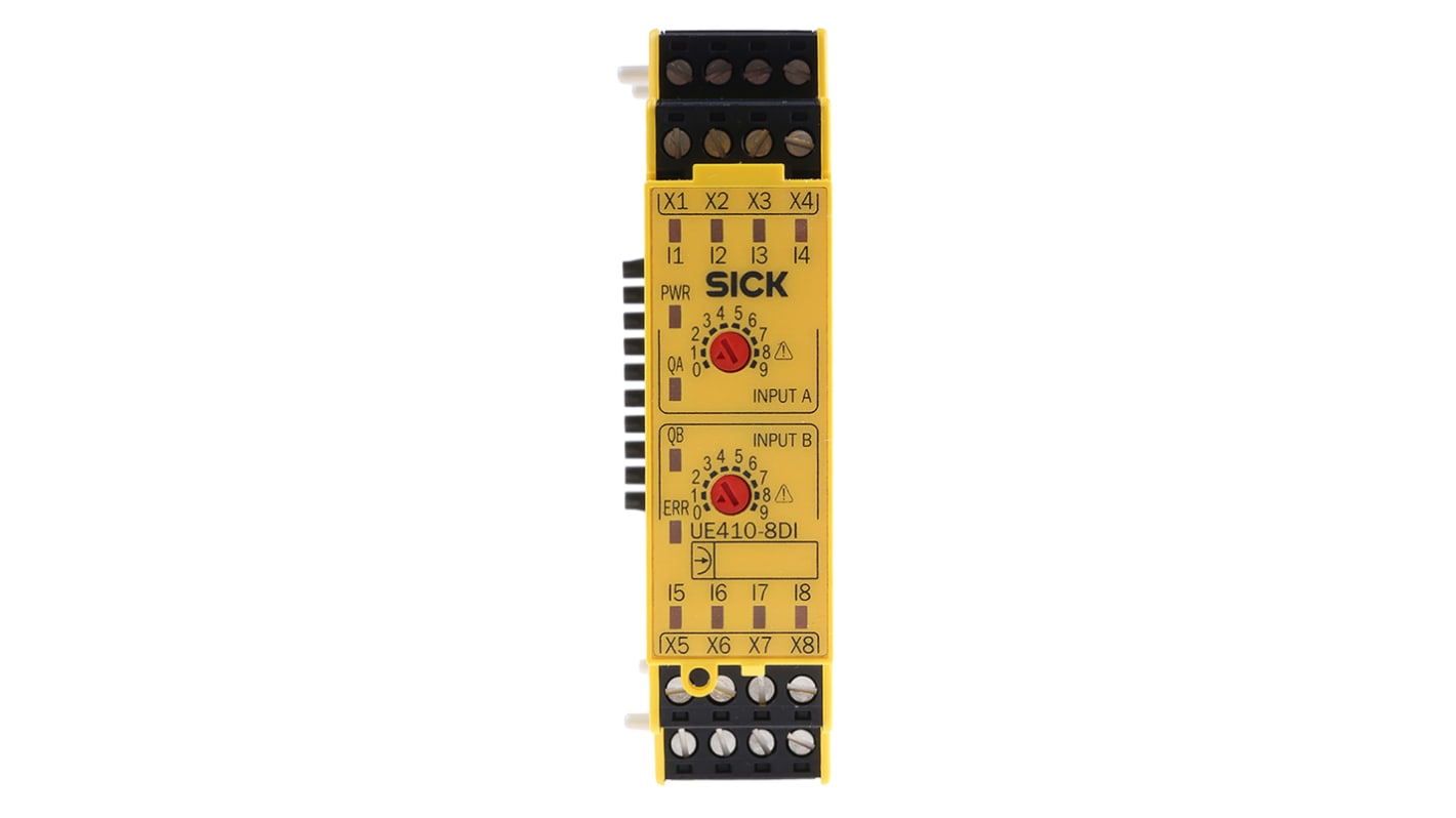 Modulo di ingresso Sick UE410-8DI3, 8 ingressi, alimentazione 24 V c.c., montaggio su guida DIN, dimensioni 96,5 x 22,5 x 120,8 mm.