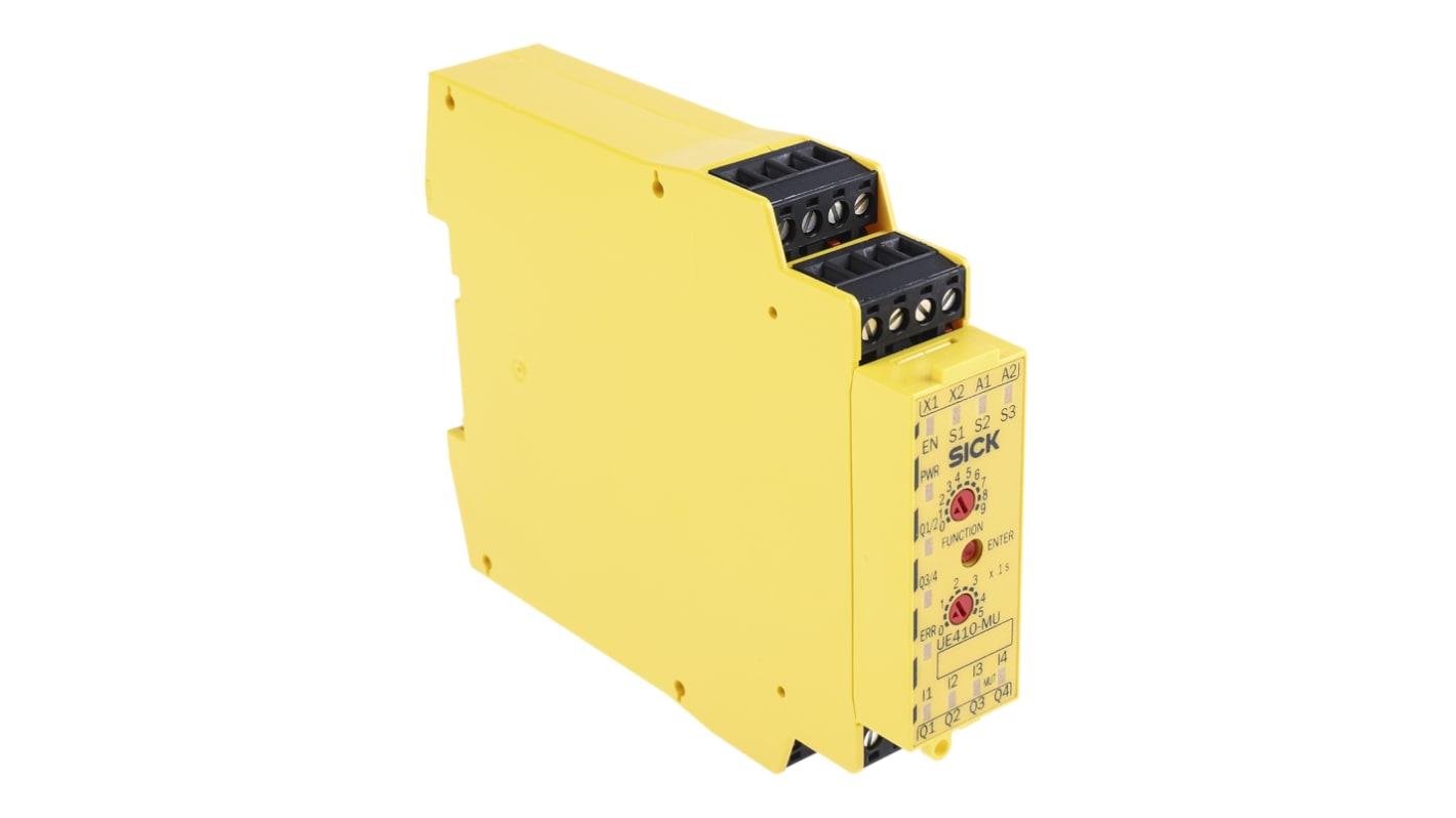 Controller di sicurezza Sick UE410-MU3T5, 30 V c.c., 4 ingressi e 4 uscite, dimensioni 96.5 x 120.8 x 22.5 mm.