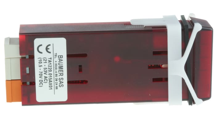 Baumer TA1220.015AX01, misuratore digitale da pannello con display LED rosso, ingresso a impulsi, protezione IP65, dimensioni 45x22 mm.