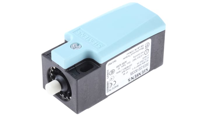 Interruttore di interblocco Siemens 3SE5232-0CC05, attuatore a pistone 1NO/1NC, grado di protezione IP65, dimensioni 75.7mm x 31mm x 33mm.