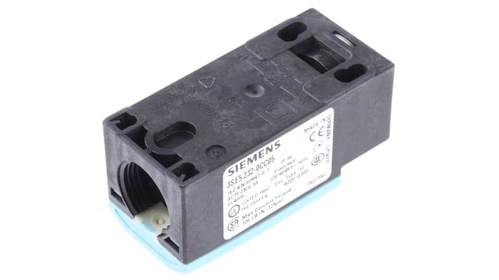 Interruttore di interblocco Siemens 3SE5232-0CC05, attuatore a pistone 1NO/1NC, grado di protezione IP65, dimensioni 75.7mm x 31mm x 33mm.