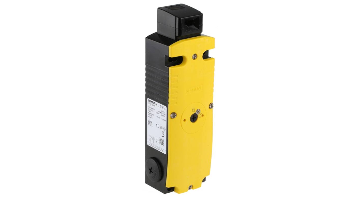 Interruttore di interblocco a solenoide Siemens 3SE5312-0SD11, 24V cc, IP66/IP67, contatti 2NC e 1NA, dimensioni 54x43.8x159 mm.